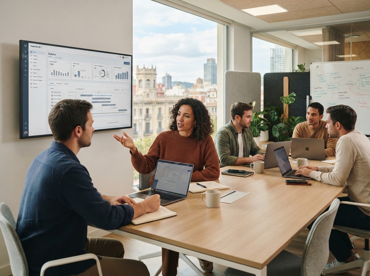 Vestoriax 8.7 equipo revisando paneles de análisis de datos financieros